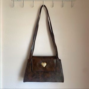 brown heart gem faux leather bag
